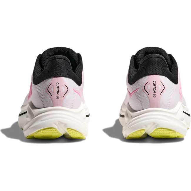 Heels of Hoka Women's Clifton 10 Running Shoes in Carnation Starlight Glow pink colorway