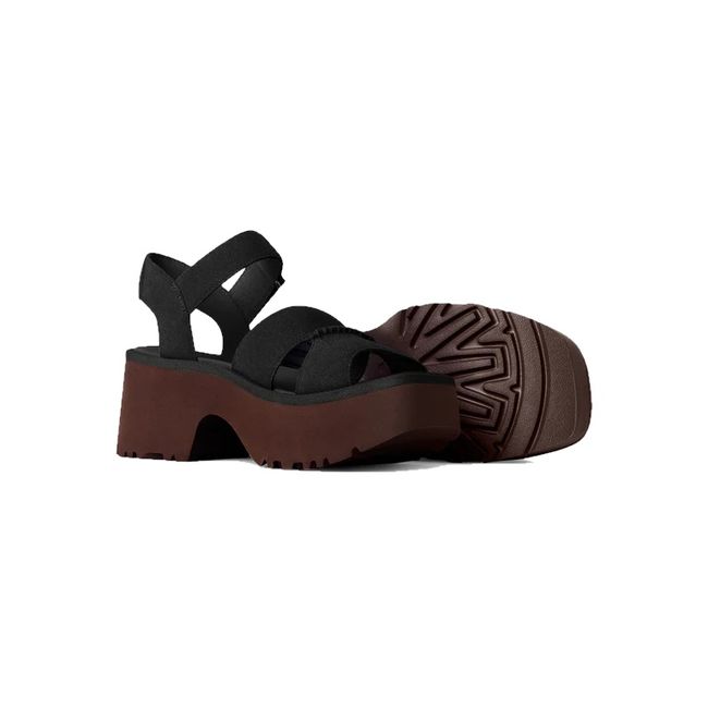Pair of UGG Women's New Heights Ankle Strap Sandals in Black Suede with Brown sole