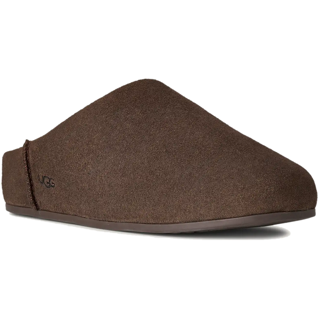 Angled side of UGG Women's Elea Slip On Slipper in Dusted Cocoa Brown Suede