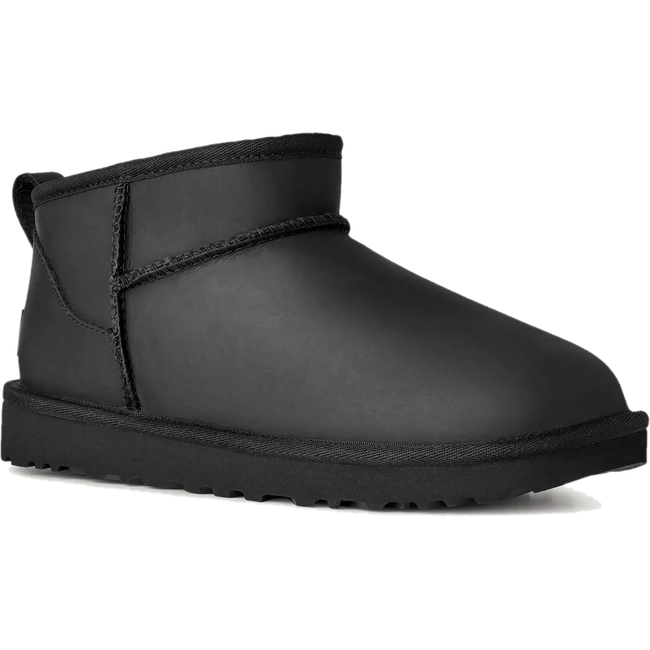 Angled side of UGG Women's Classic Ultra Mini Leather in Black