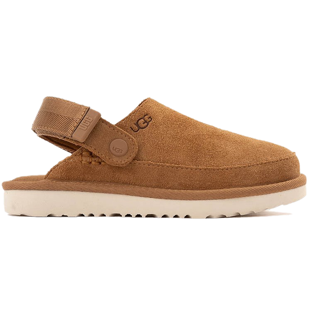 Side of UGG Youth Goldenstar Clog in Chestnut Brown Suede with backstrap down