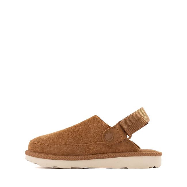 Medial side of UGG Youth Goldenstar Clog in Chestnut Brown Suede