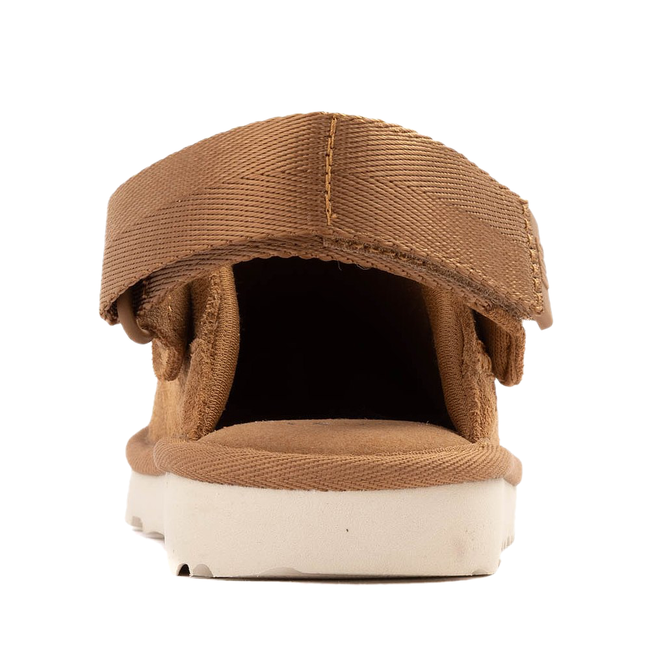 Heel of UGG Youth Goldenstar Clog in Chestnut Brown Suede with velcro back strap