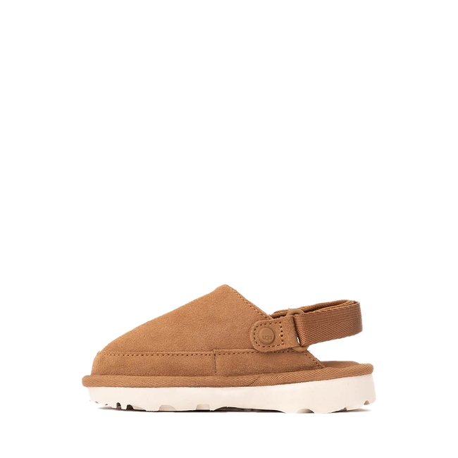 Medial side of UGG Kid's Goldenstar Clog in Chestnut Backstrap down