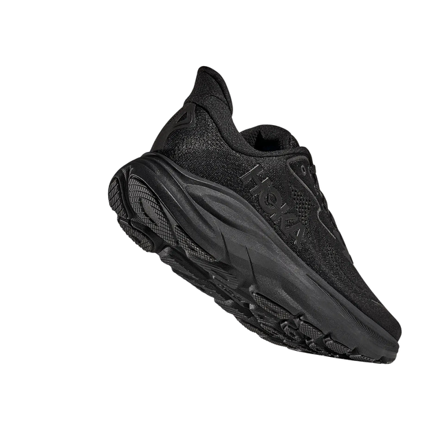 Angled Heel of Hoka Men's Clifton 10 Running Shoe in Black