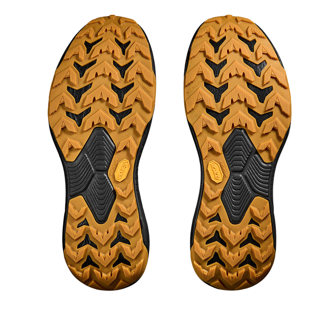 Soles of Hoka Men's Transport Hike GTX Hiking Boot in All Black