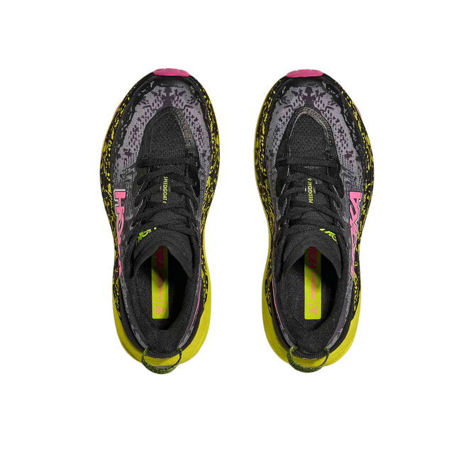 Tops of Hoka Women's Speedgoat 6 Trail Running Shoe in Black Neon