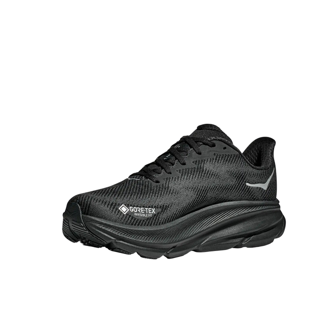 Angled Medial side of Hoka Men's Clifton 9 GTX Running Shoe in Black
