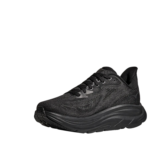 Angled Medial side of Hoka Men's Clifton 10 Running Shoe in Black