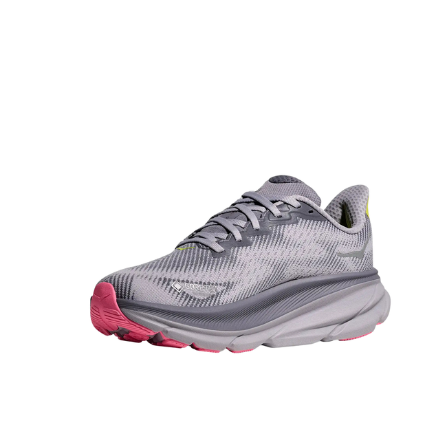 Angled Medial Side of Hoka Women's Clifton 9 GORE-TEX Running Shoe in Grey Skies