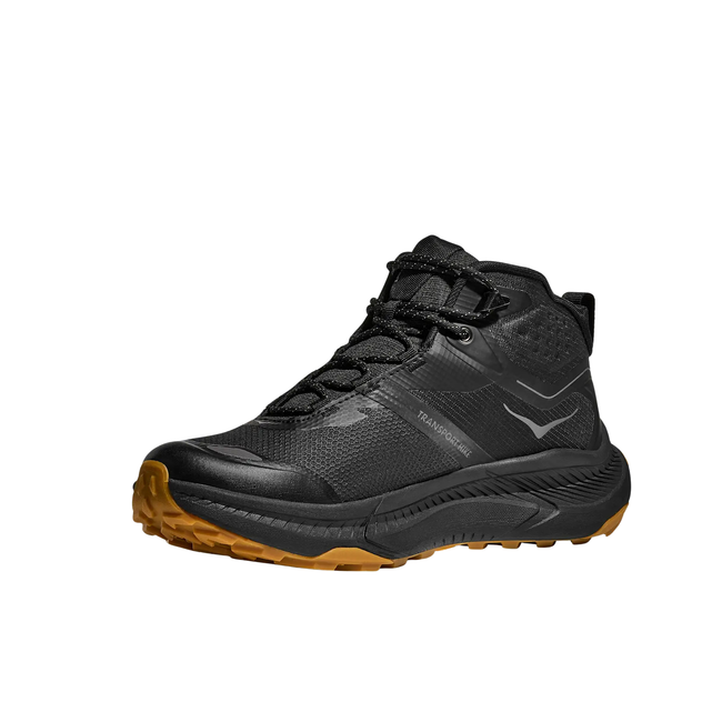 Angled Medial of Hoka Men's Transport Hike GTX Hiking Boot in All Black