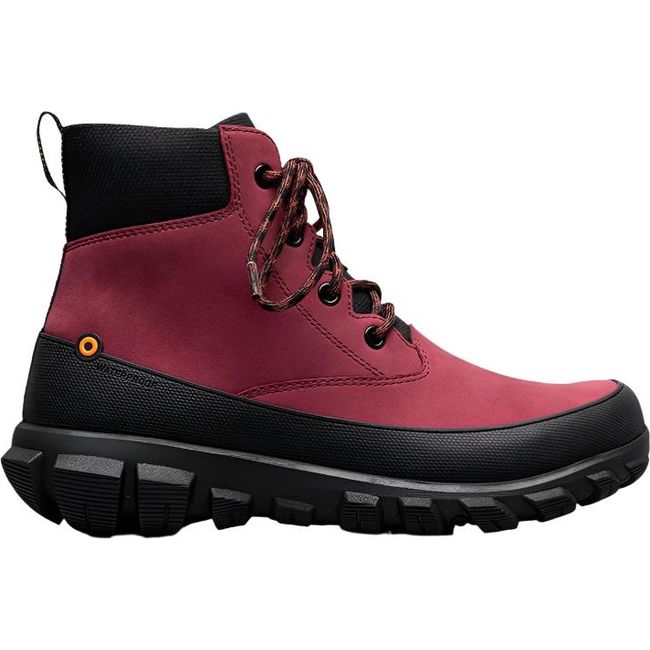 Lateral side of Women's Bogs Cedar Mid Waterproof Boot in Garnet red with a black sole