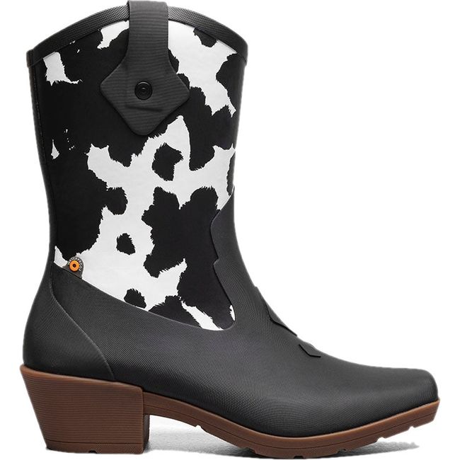 Lateral side of Women's Bogs Rain Boot Jolene Mid Deco in black and white cow print