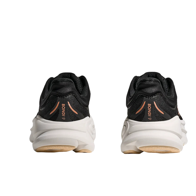 Heels of Hoka Women's Bondi 9 Running Shoe in Black Rose Gold