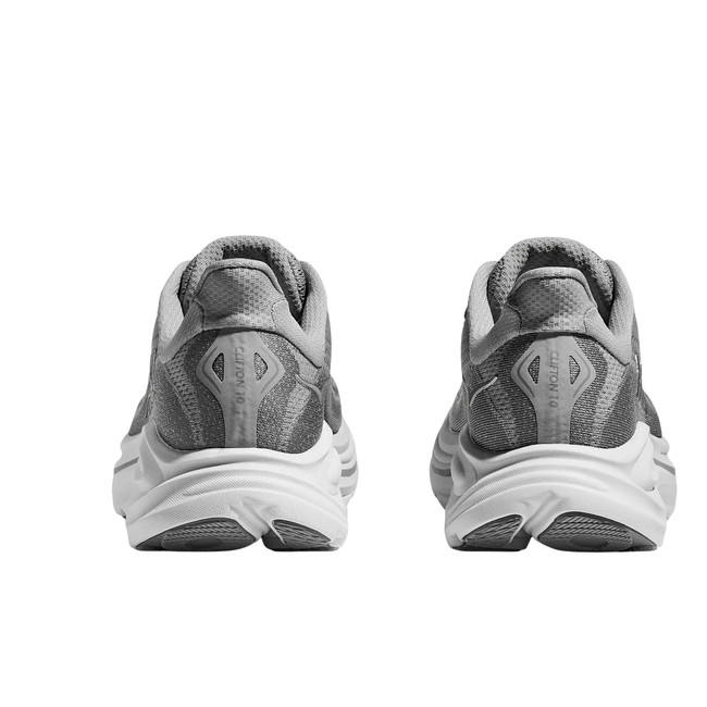Heels of Hoka Women's Clifton 10 Running Shoe in Stellar Grey