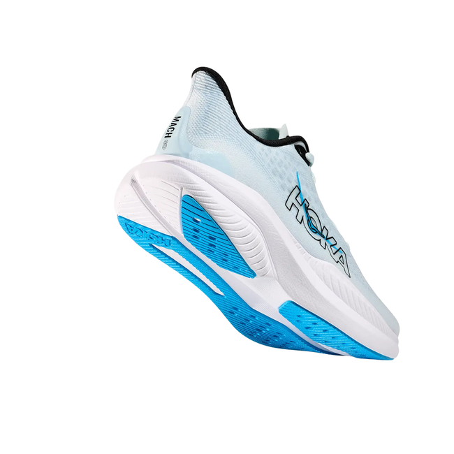 Angled Heel of Hoka Women's Mach 6 Running Shoe in Tundra Blue
