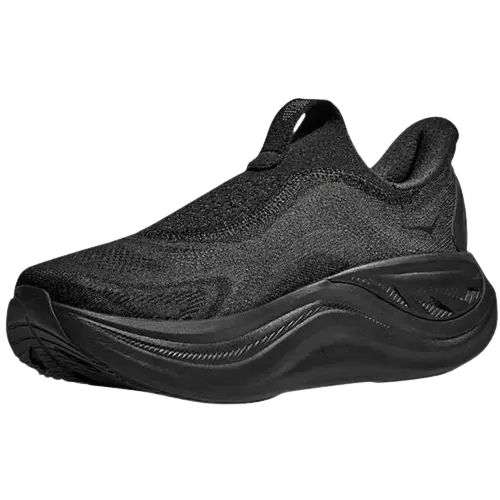 Angled Medial side of Hoka Women's Skyward Laceless Active Recovery Shoe in Black