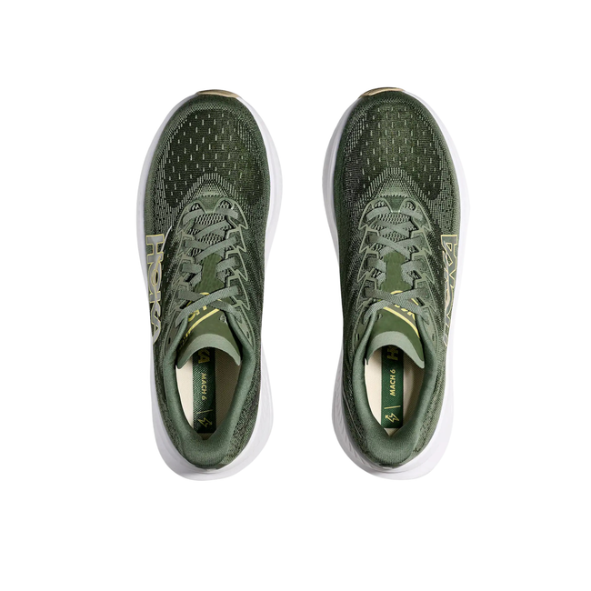 Tops of Hoka Men's Mach 6 Running Shoe in Succulent Fern