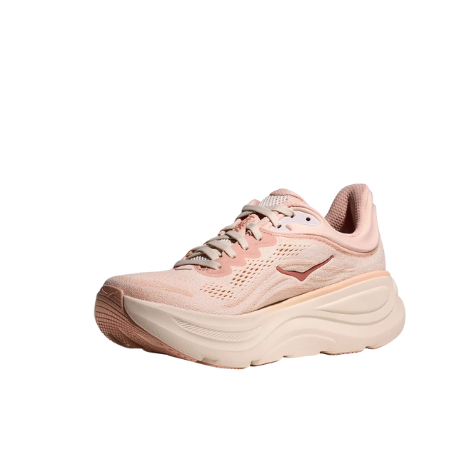 Angled Medial Side of Hoka Women's Bondi 9 Running Shoe in Rose Latte