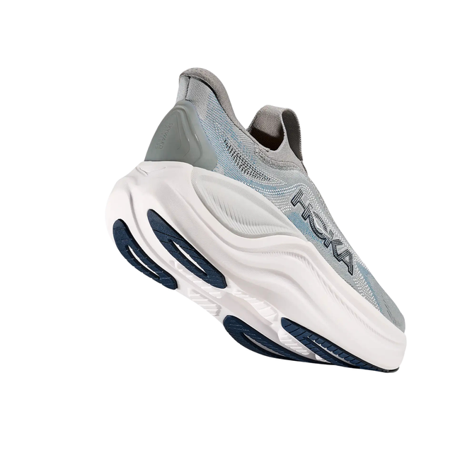 Angled Heel of Hoka Men's Skyward Laceless Recovery Shoe in Stardust Grey