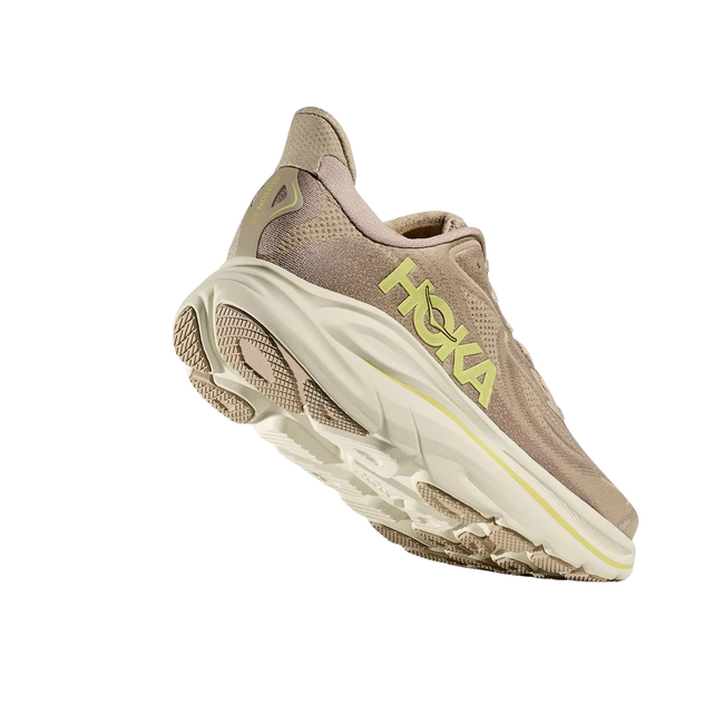 Angled heel of Hoka Men's Clifton 10 Running Shoe in Raw Linen