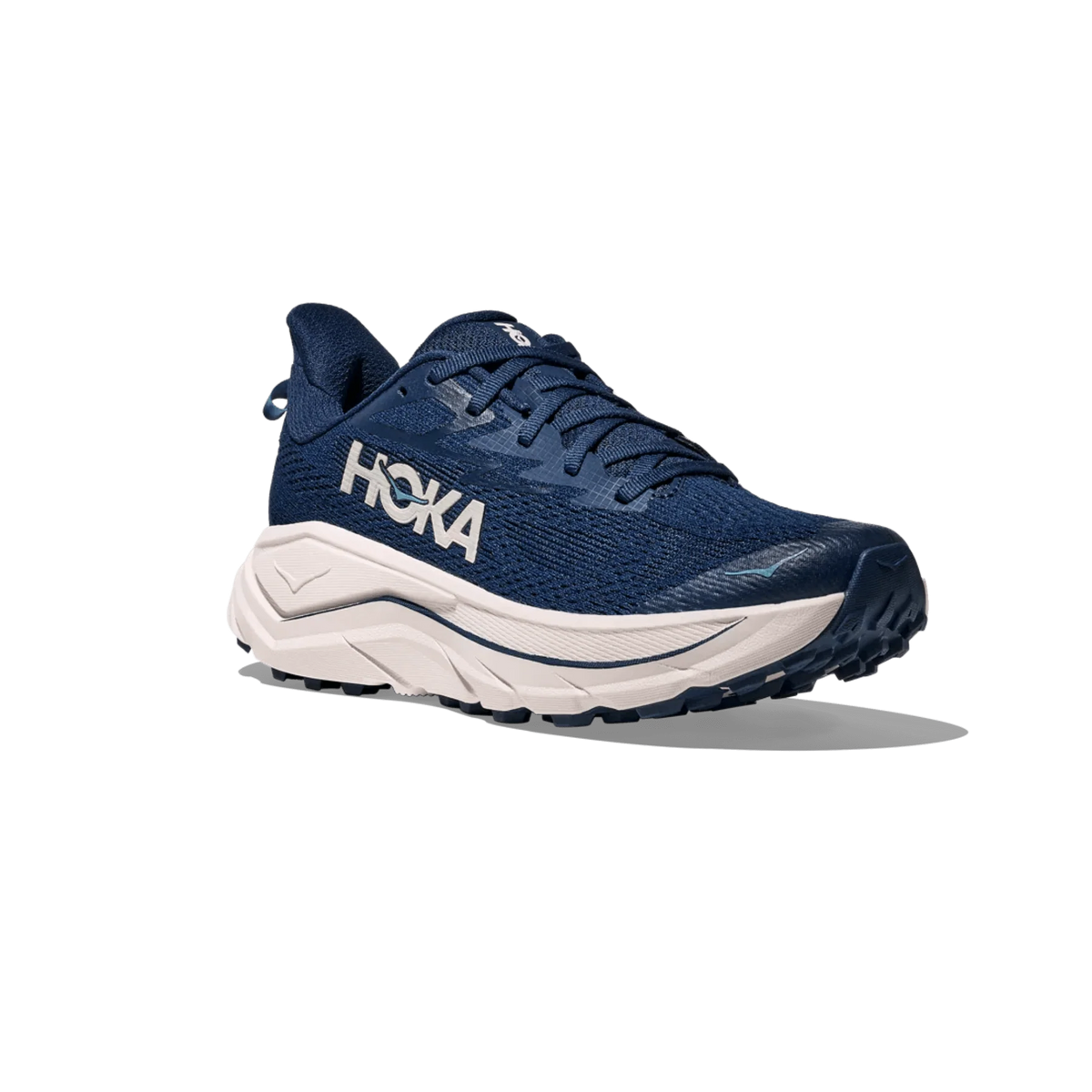Front angled view of Hoka Women's Challenger 8 Trail Running Shoe in Midnight Blue