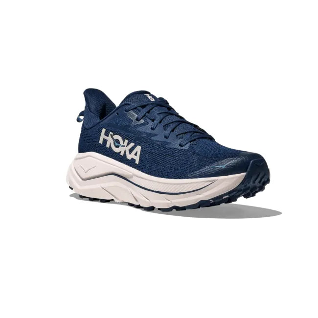 Front angled view of Hoka Women's Challenger 8 Trail Running Shoe in Midnight Blue
