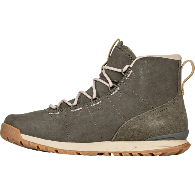 Medial side of Women's Oboz Emma Mid Casual Boot in olive branch green leather and suede