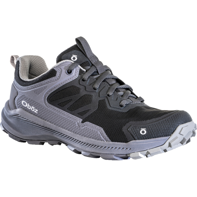 Front angled view of Women's Oboz Katabatic Low Hiking Shoe in dark mineral gray and purple