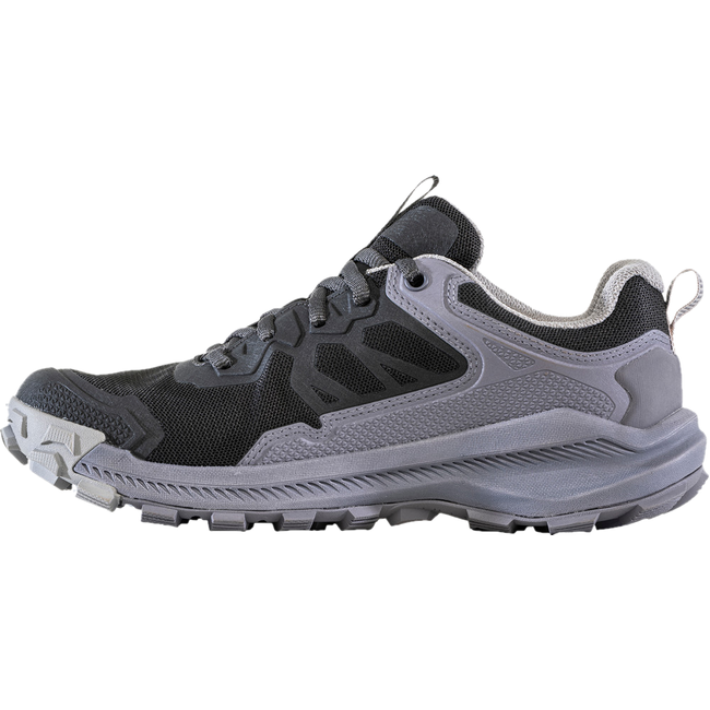 Medial side of Women's Oboz Katabatic Low Hiking Shoe in dark mineral gray and purple
