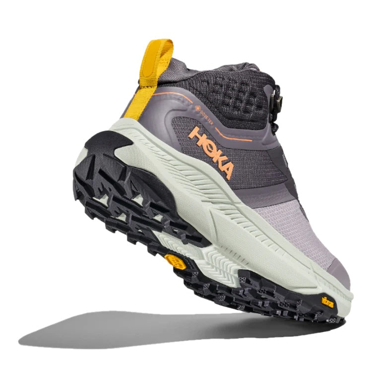Angled Heel of Hoka Women's Transport Hike GORE-TEX Hiking Boot in Grey Skies