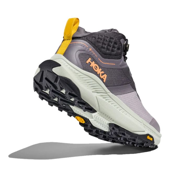 Angled Heel of Hoka Women's Transport Hike GORE-TEX Hiking Boot in Grey Skies