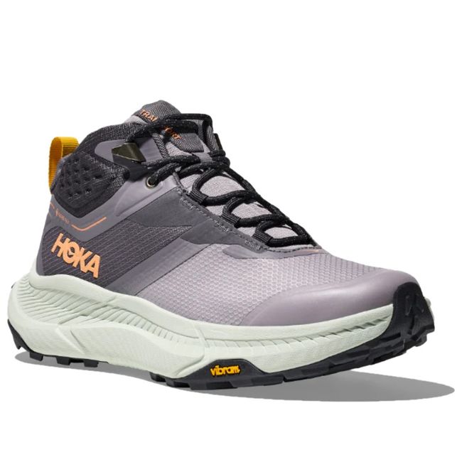 Front angled view of Hoka Women's Transport Hike GORE-TEX Hiking Boot in Grey Skies