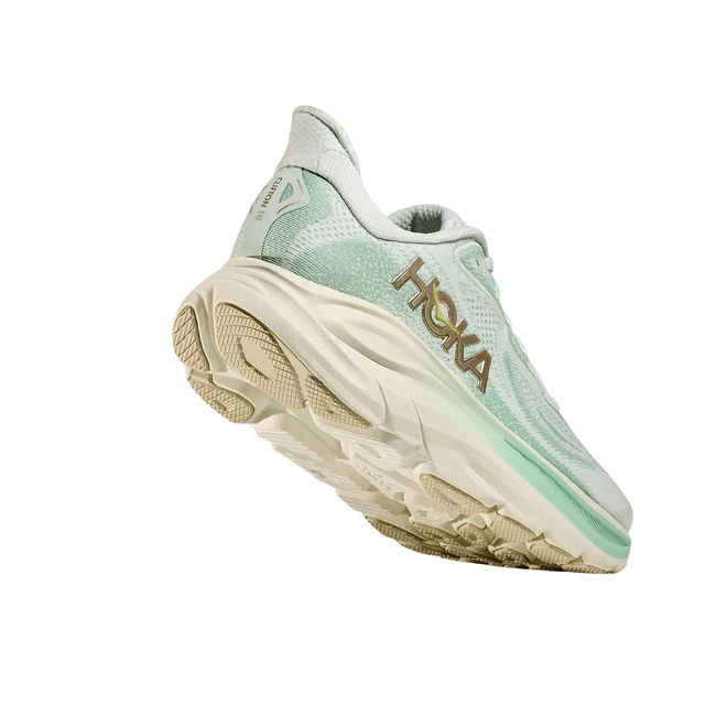 Angled heel of Hoka Women's Clifton 10 Running Shoe in Jadeite Green