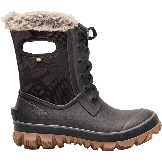 Lateral side of Women's Bogs Arcata Tonal Camo Waterproof Boot in Black with fur lining