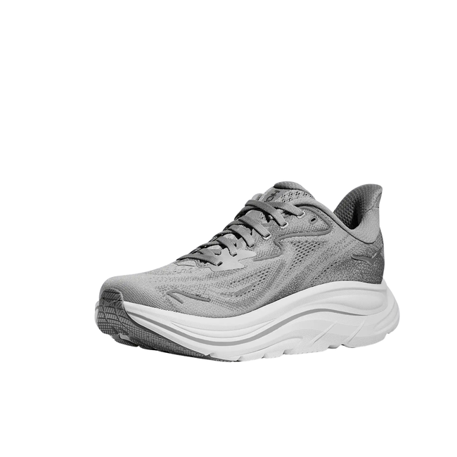 Angled Medial Side of Hoka Women's Clifton 10 Running Shoe in Stellar Grey