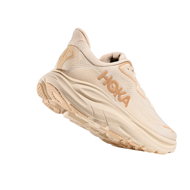 Angled Heel of Hoka Women's Clifton 10 Running Shoe in Vanilla Birch