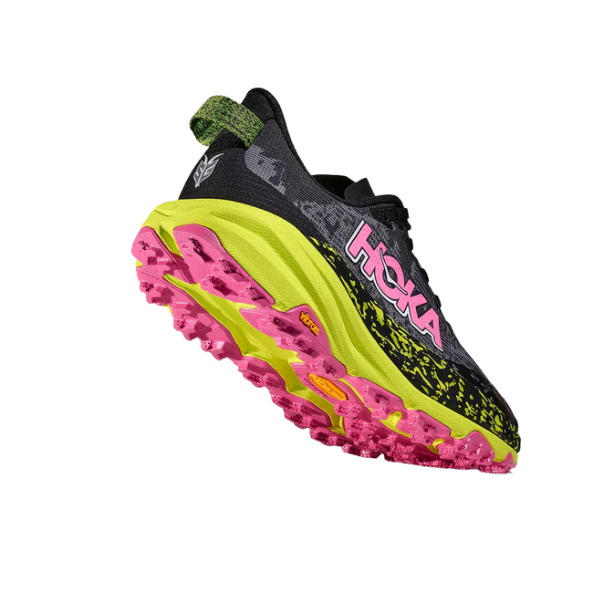 Angled Heel of Hoka Women's Speedgoat 6 Trail Running Shoe in Black Neon