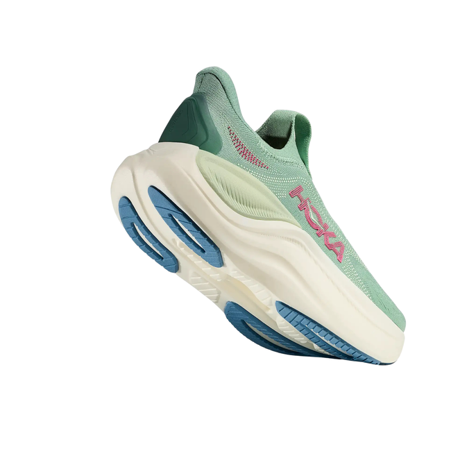 Angled Heel of Hoka Women's Skyward Laceless Active Recovery Shoe in Jadeite Green