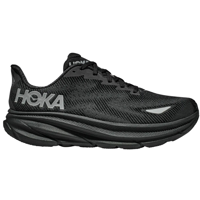 Side of Hoka Men's Clifton 9 GTX Running Shoe in Black