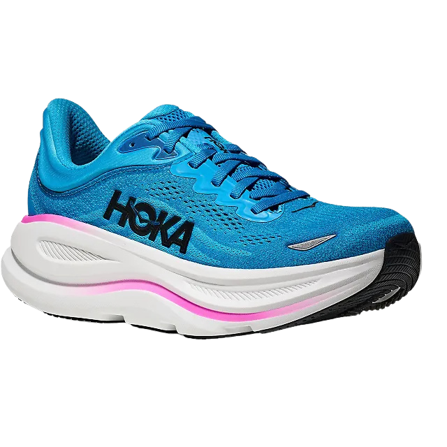 Angled side of Hoka Women's Bondi 9 Running Shoe in Skyward Blue