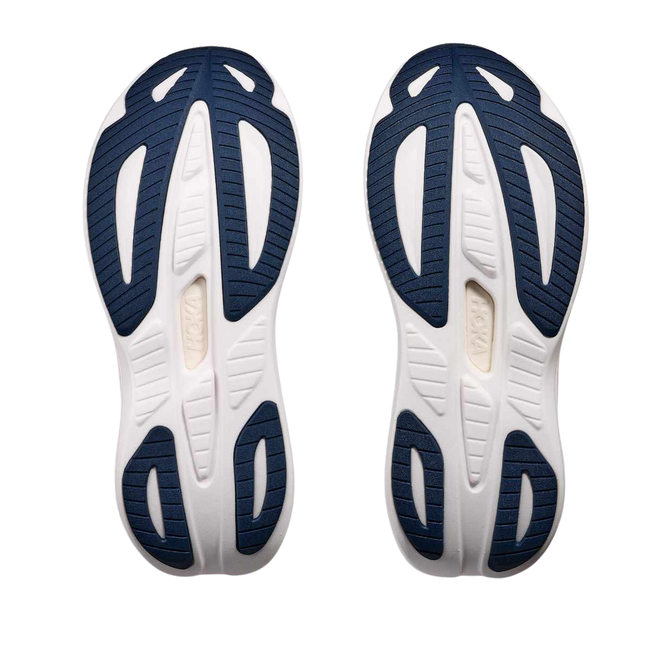 Soles of Hoka Men's Skyward Laceless Recovery Shoe in Stardust Grey