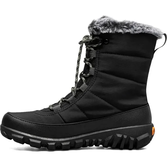 Medial side of Women's Bogs Cedar Quilt Lace Winter Boot in Black with laces and fur lining