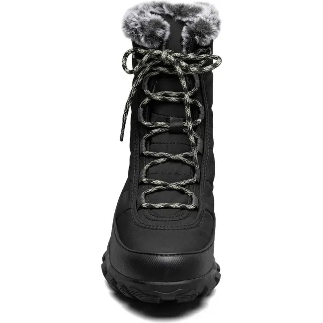 Front of Women's Bogs Cedar Quilt Lace Winter Boot in Black with laces and fur lining
