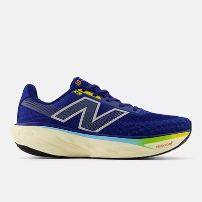 Blue New Balance Men’s 1080v14 running shoe with a blue‑to‑green‑to‑yellow gradient midsole on a white background