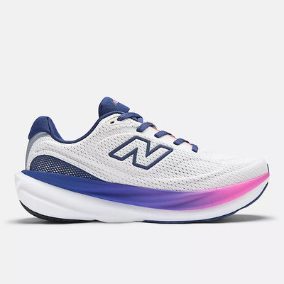 White New Balance 1080v15 running shoe with navy accents and a blue‑to‑purple‑to‑pink gradient midsole on a white background
