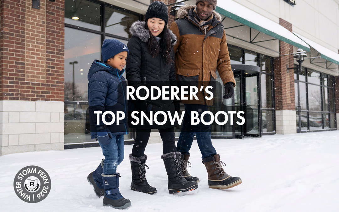 Family of three walks through snowy sidewalk in winter gear during WInter Storm Fern; promoting top snow boots at Roderer Shoe Center