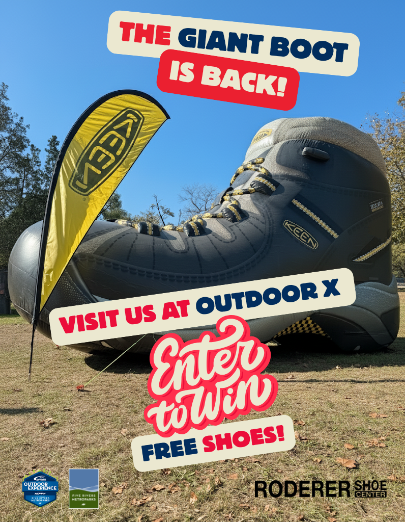 Giant inflatable KEEN Boot at Outdoor X in Dayton Ohio with layover text "enter to win free shoes"