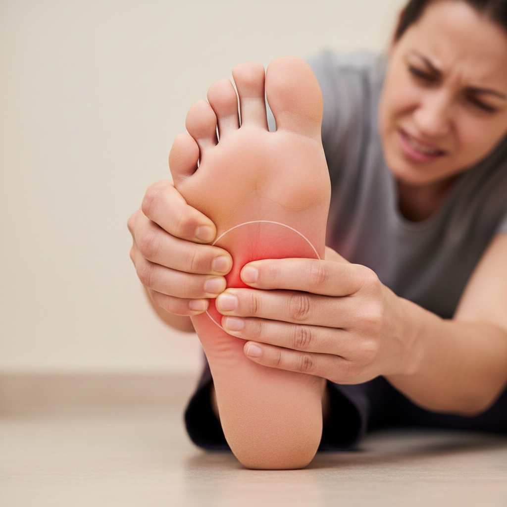 Person sitting on the floor holding the bottom of their foot, with a red area indicating plantar fasciitis pain
