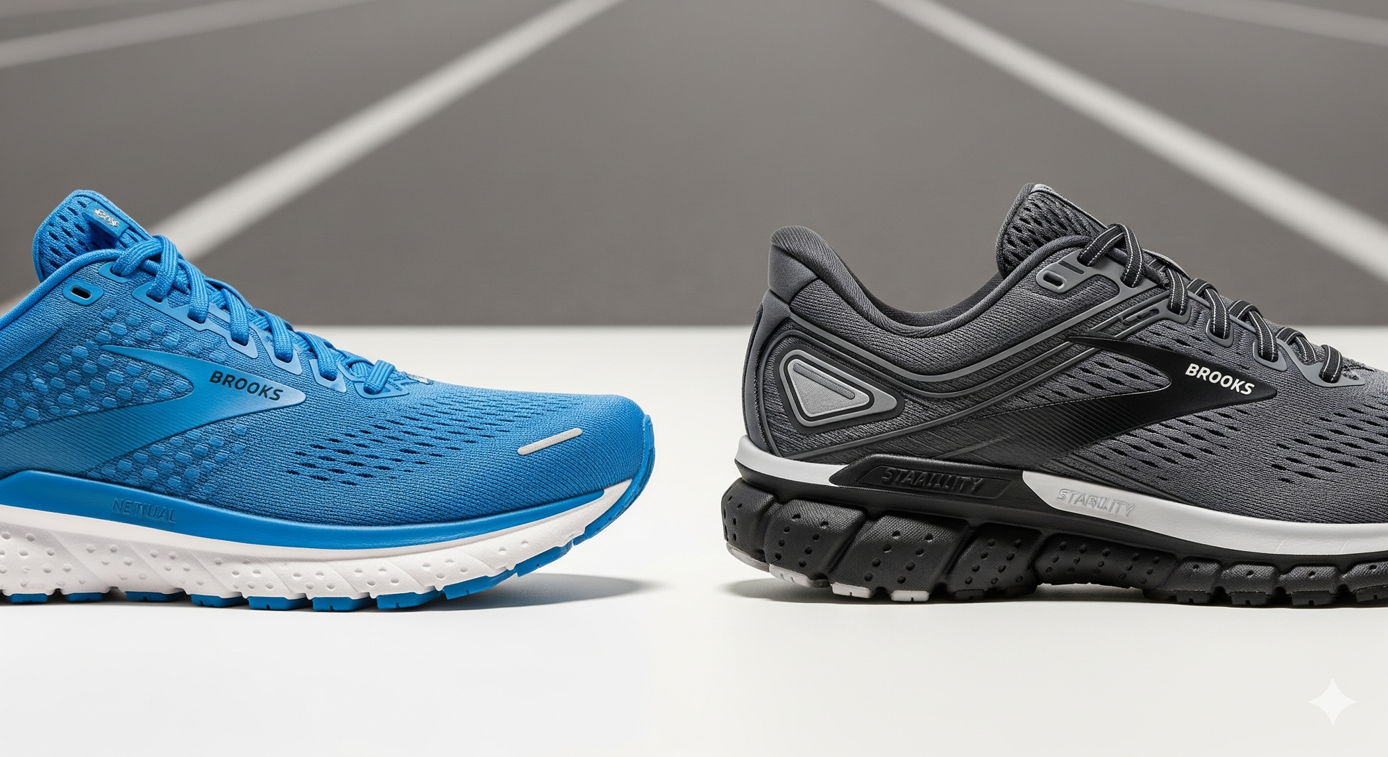 Two Brooks running shoes side by side on a track surface—one neutral, one stability—for comparison.